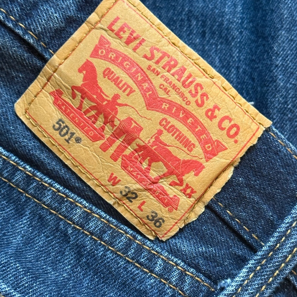 Levi's 501 Straight-Leg Jeans in Classic Blue with Tan Patch
